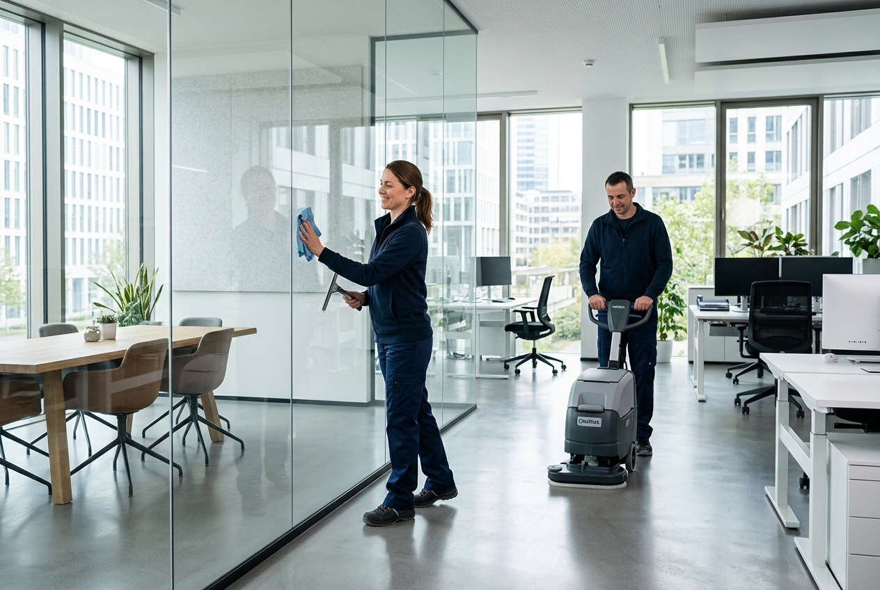Two cleaners work in a bright, modern office: a woman wipes a glass partition while a man steers a floor-polisher behind her.