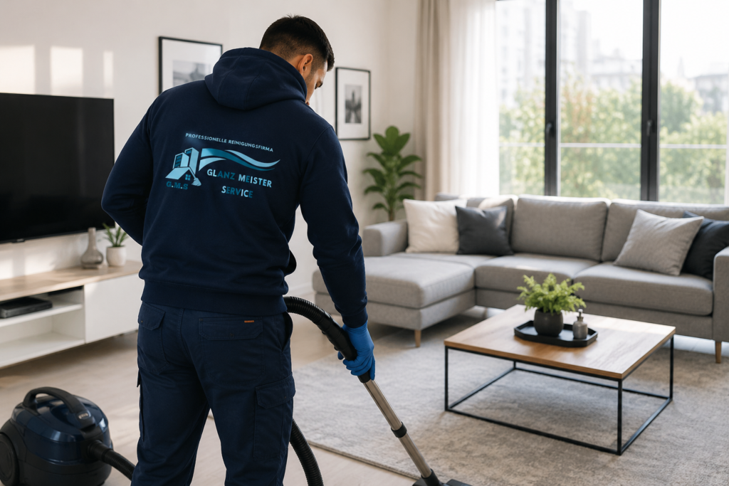 Cleaner in a navy uniform vacuuming a modern living room with a gray sectional sofa and wooden coffee table.